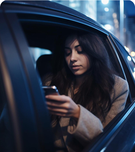 Woman in car looking at phone